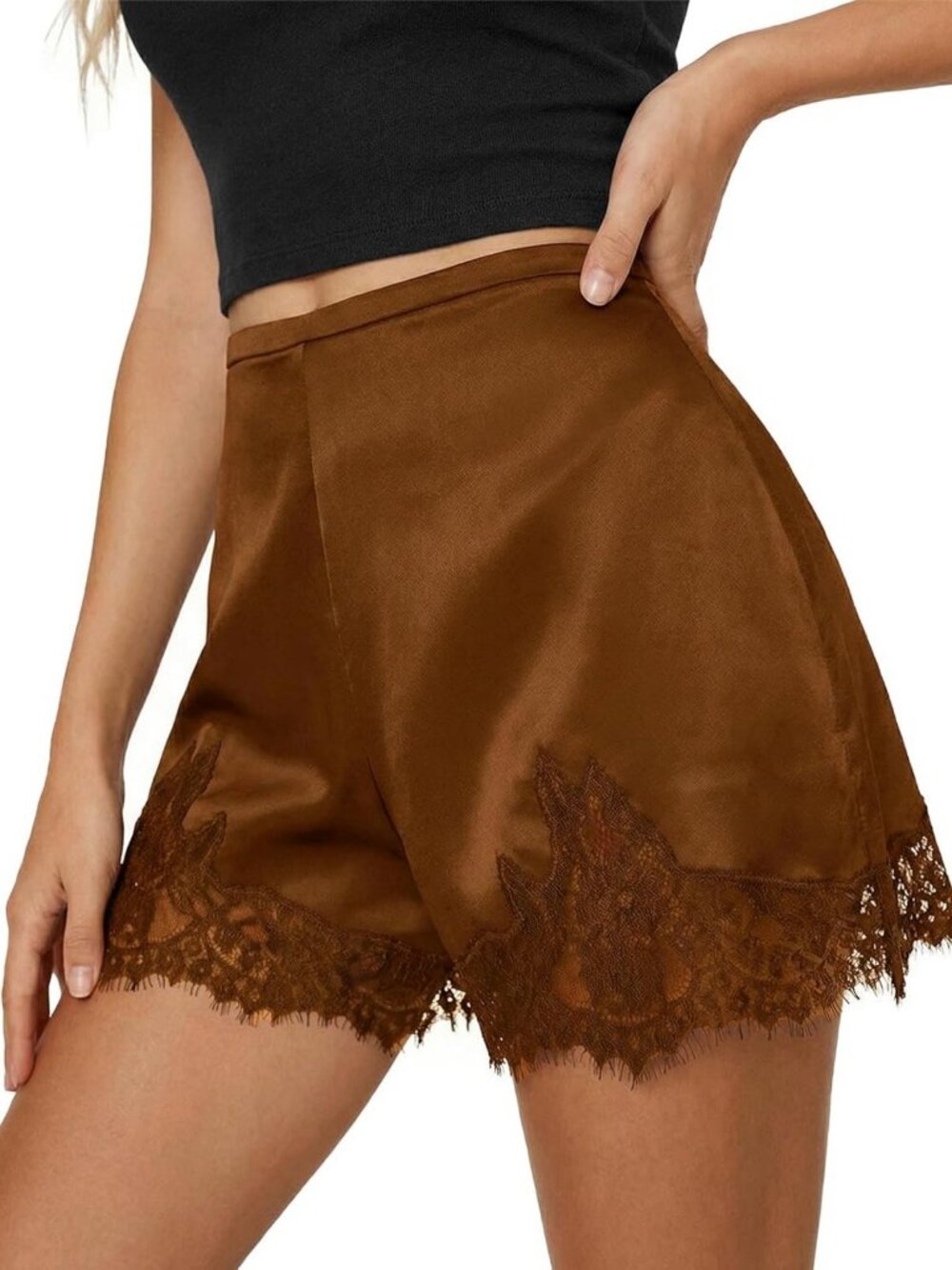Satin Silk Lace Trim Low Rise Mini Shorts for Women - Y2K PJs & Loungewear